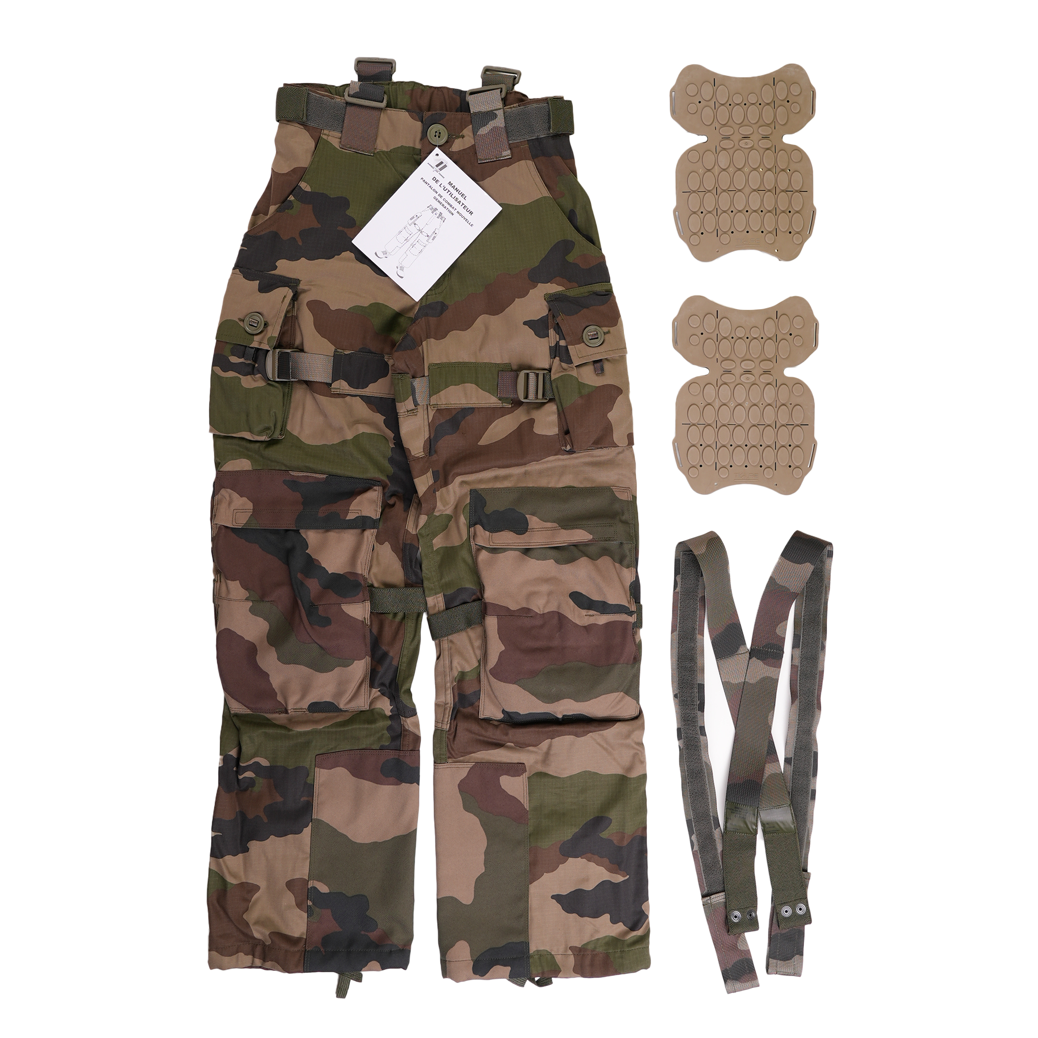 Front view of French Army Combat Pants with kneepads and suspenders removed