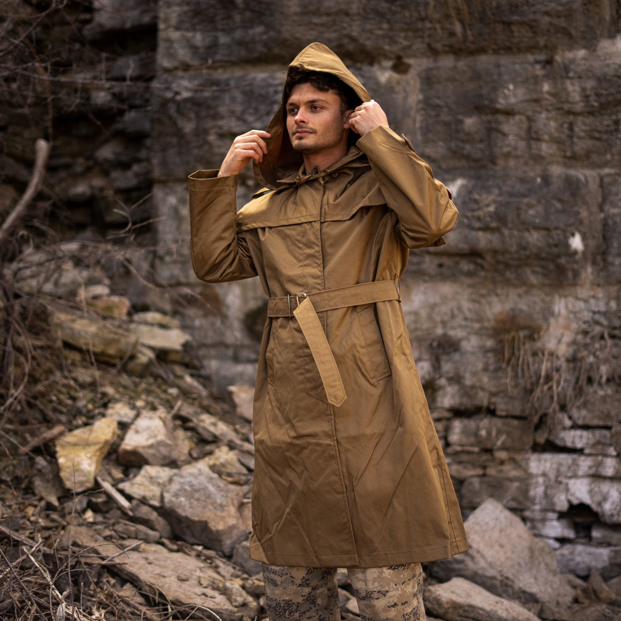 Unissued Romanian Waterproof Trenchcoat w/ Waist Belt & Hood