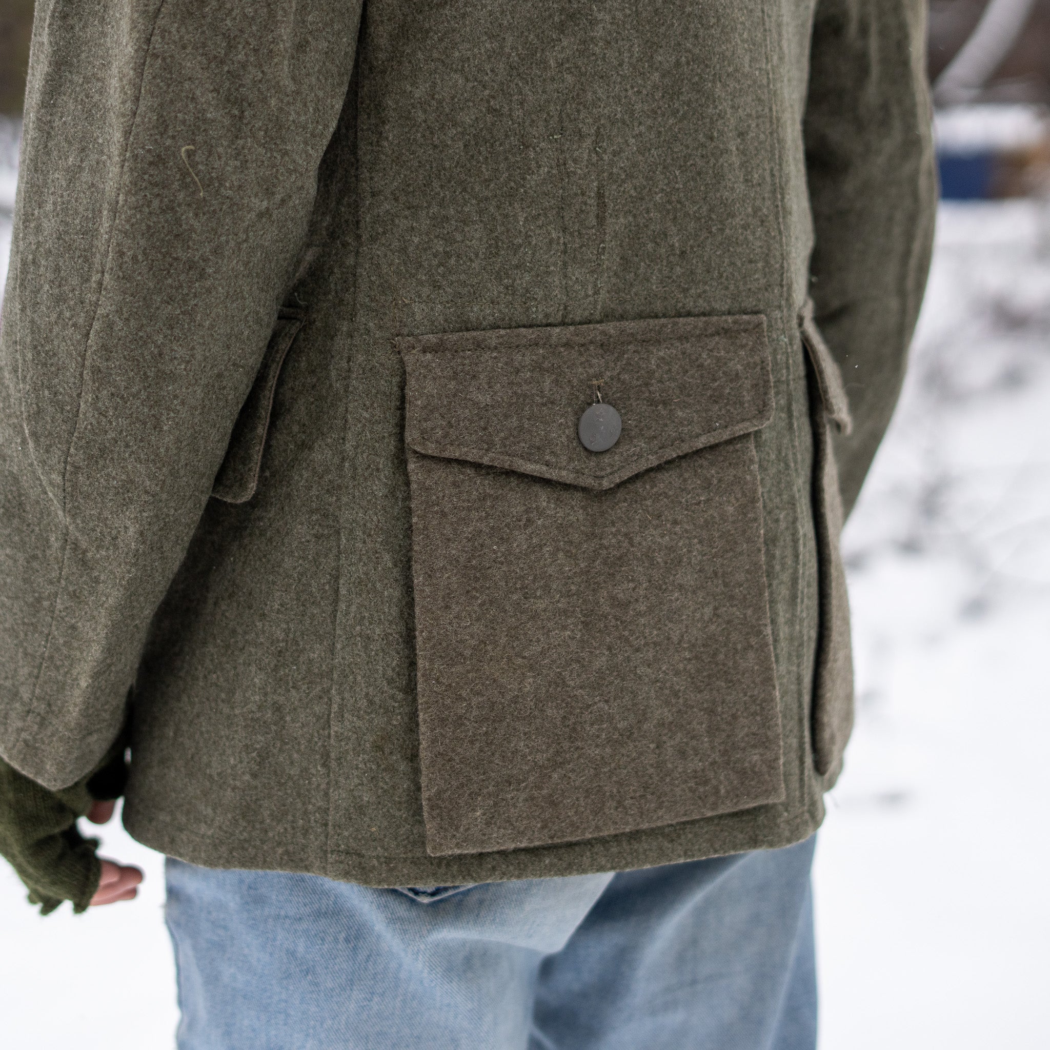 Close up of rear pocket on Swedish wool field jacket