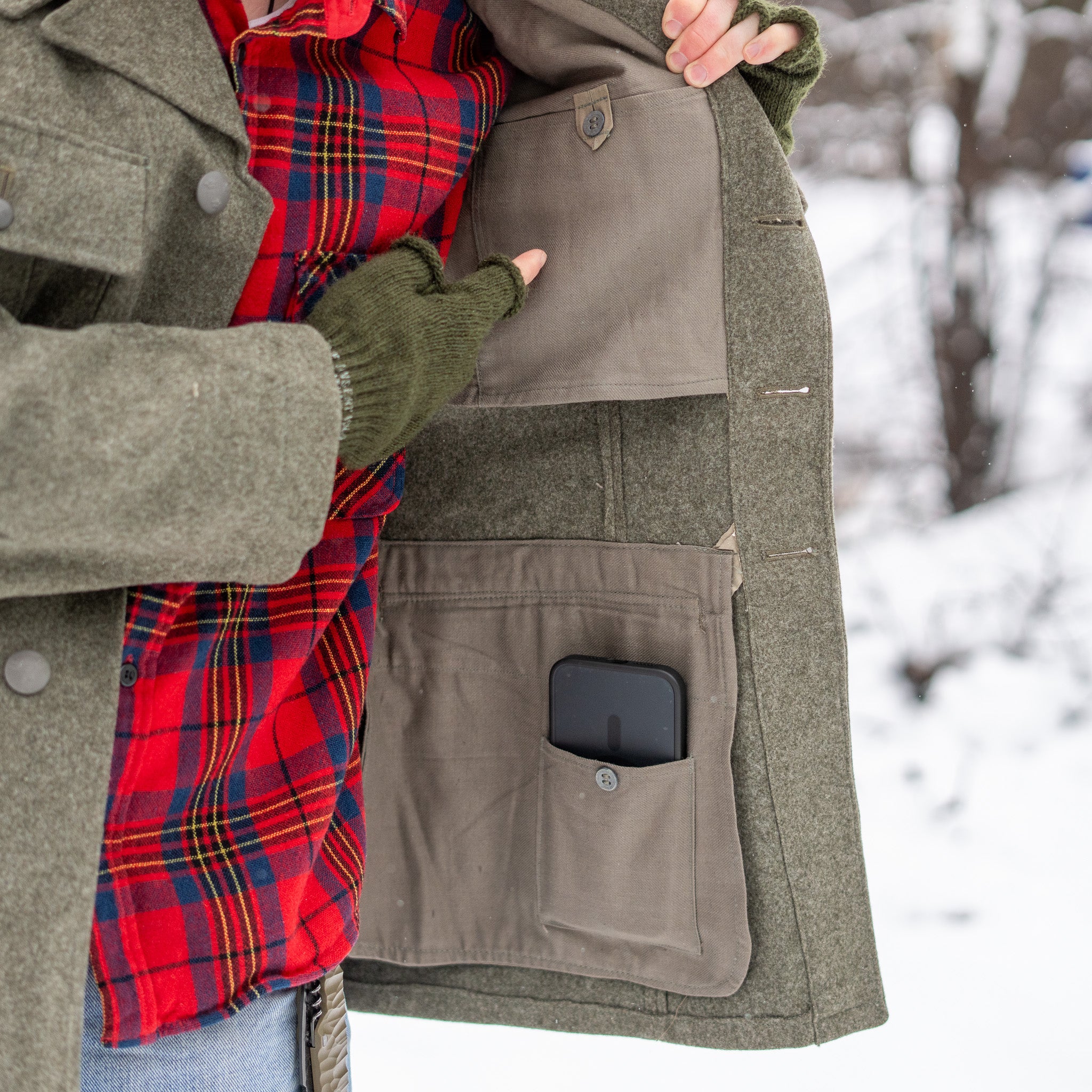 Close up of inner pockets on Swedish wool field jacket