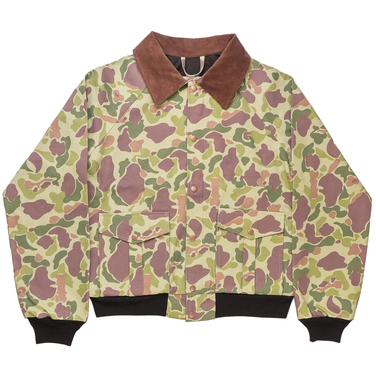 Camouflage-patterned jacket with brown collar on a white background