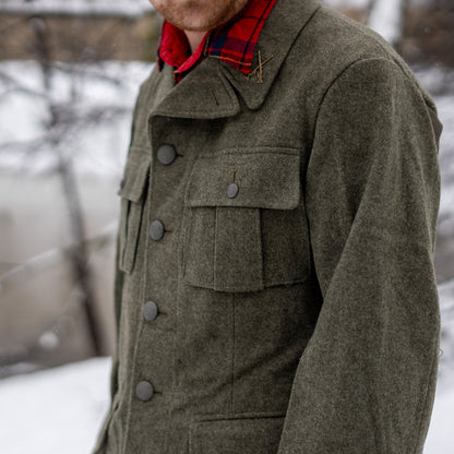 Close up of man wearing Swedish wool field jacket