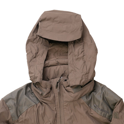 Brown hooded jacket with visible brand logo on a white background