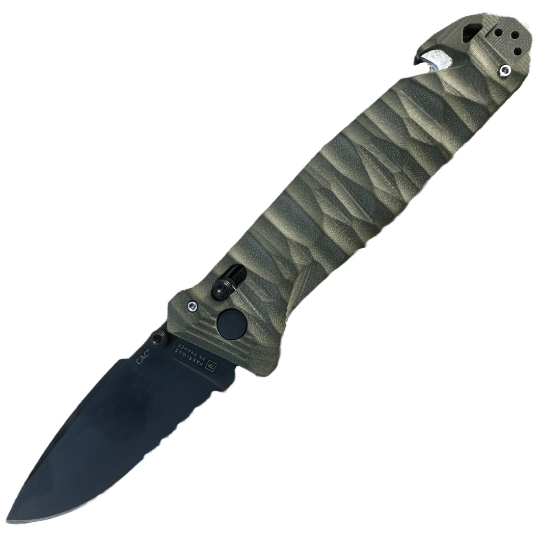 C.A.C. S200 Axis Lock OD Green Pocket Knife (Grain imprinted handle) (No Corkscrew) (Serrated Blade)