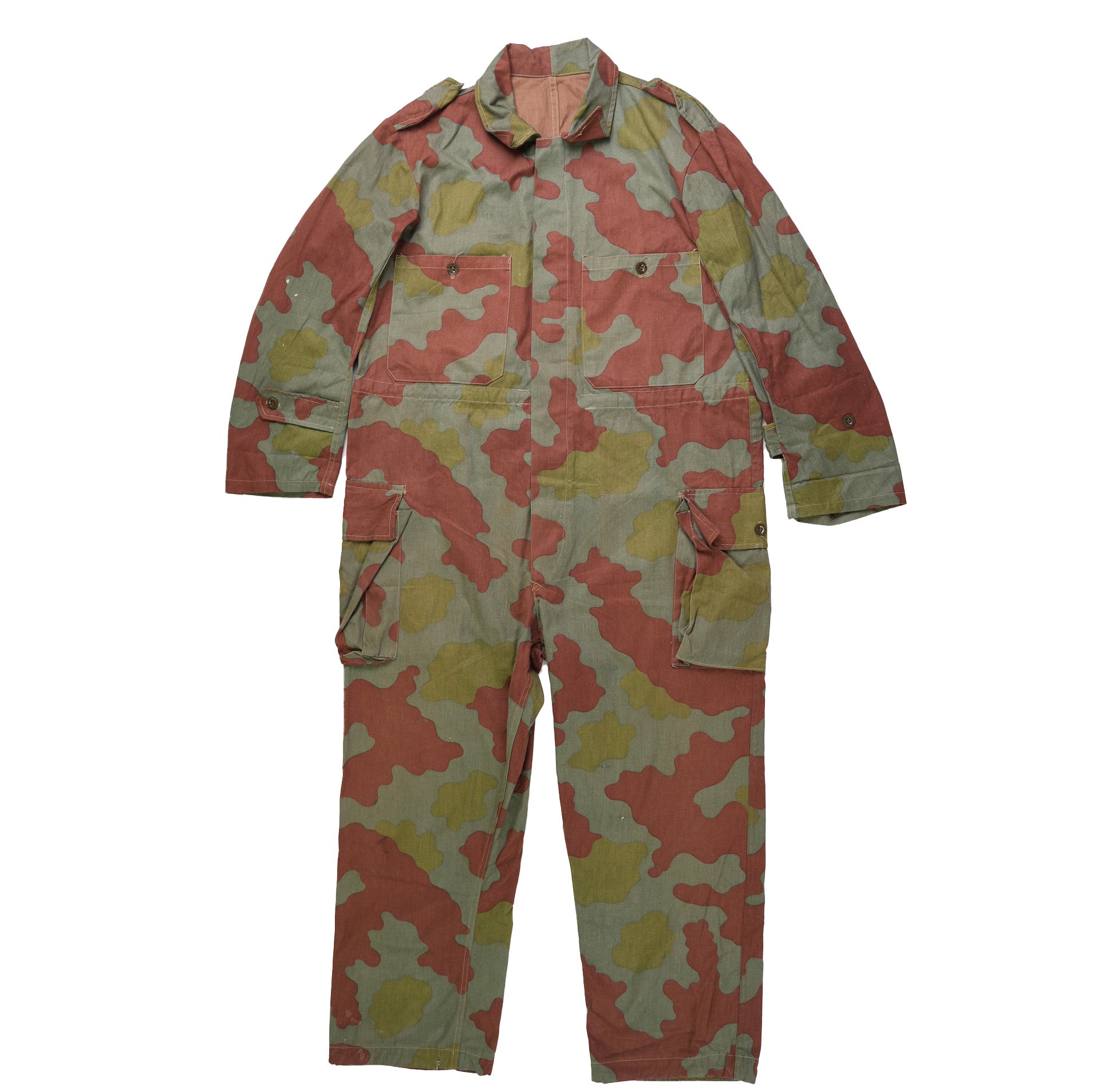 Camouflage jumpsuit with pink, yellow, and green pattern on a white background
