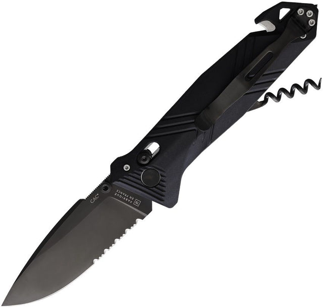 C.A.C. Utility Axis Lock Black Pocket Knife (Smooth Handle / Serrated Blade)